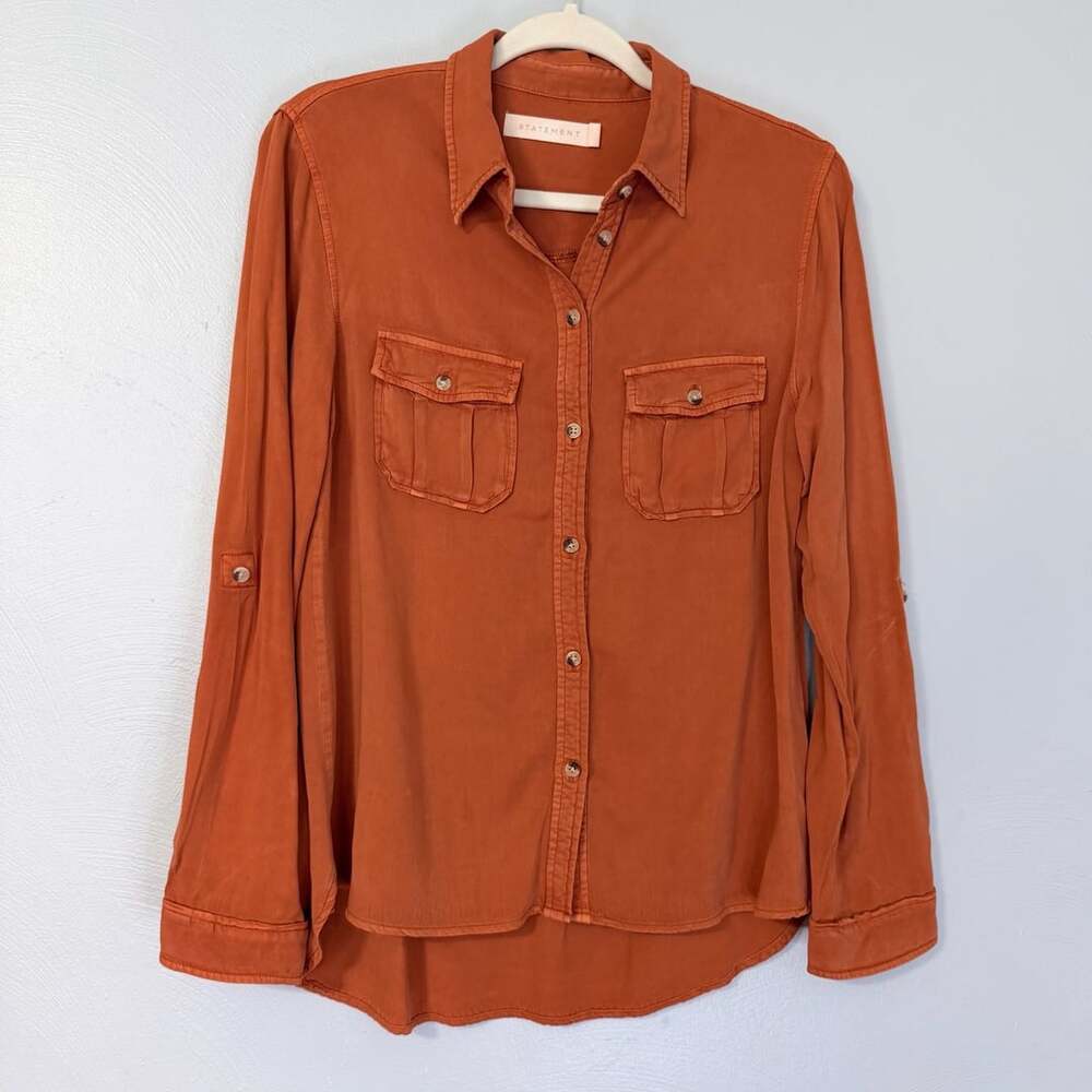 Women's Orange Rayon Long Sleeve Button-Up Roll Tab Shirt Size M